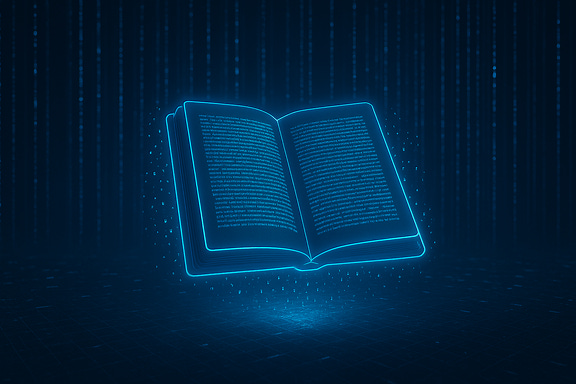 a digital floating book surrounded by glowing blue digital codes and data streams in a futuristic environment a digital floating book surrounded by glowing blue digital codes and data streams in a futuristic environment