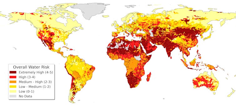 A map shows most of Africa, South Asia and large parts of the Western U.S. have high levels of water-related risks.