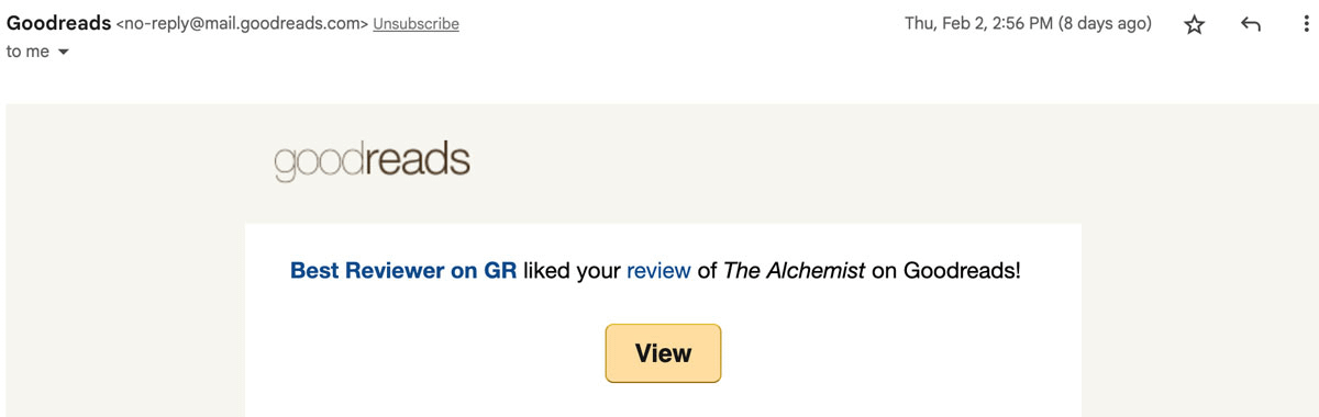 GoodReads notification that someone liked my review of the Alchemist