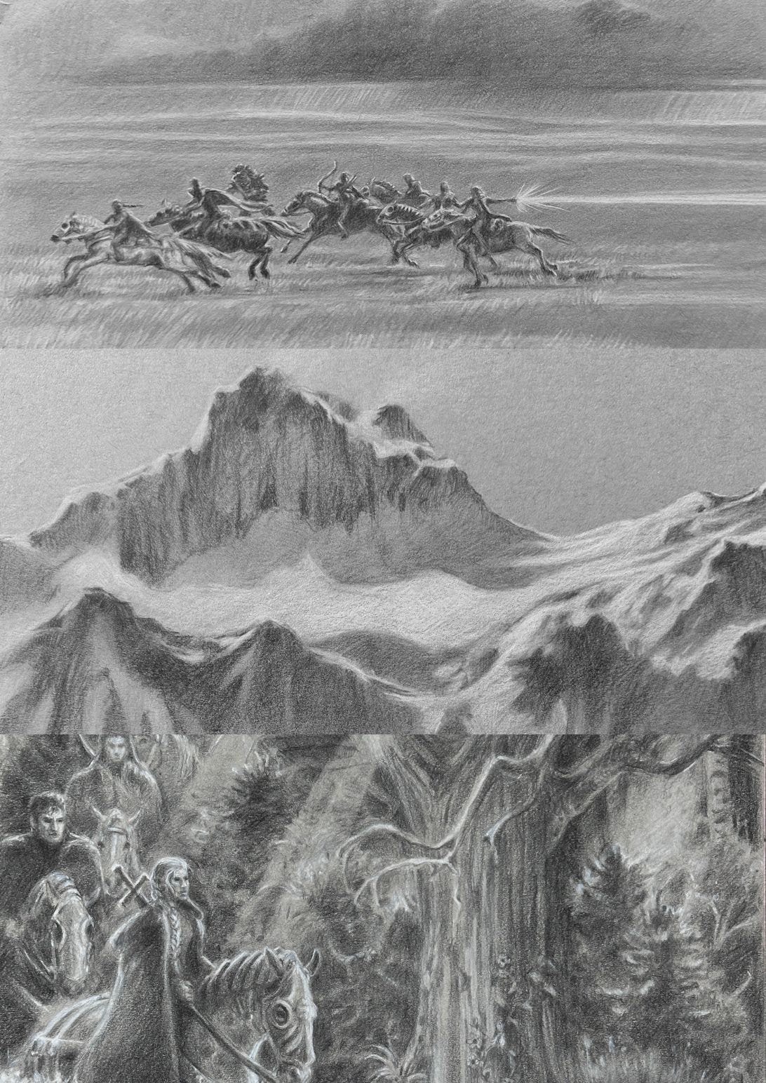 Drawing montage of illustrations for The Messenger From Myris Dar, and illustrated fantasy novel by Kindrie Grove