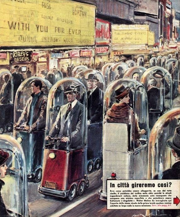 Ilustração de uma movimentada avenida de uma grande cidade que parece ser uma broadway, cheia de cartazes e placas de propagandas, com uma multidão de gente vestida com roupas chics antigas, chapéus, ternos e casacos de pele, andando em carros que são como cabines individuais motorizadas com uma redoma de vidro em volta