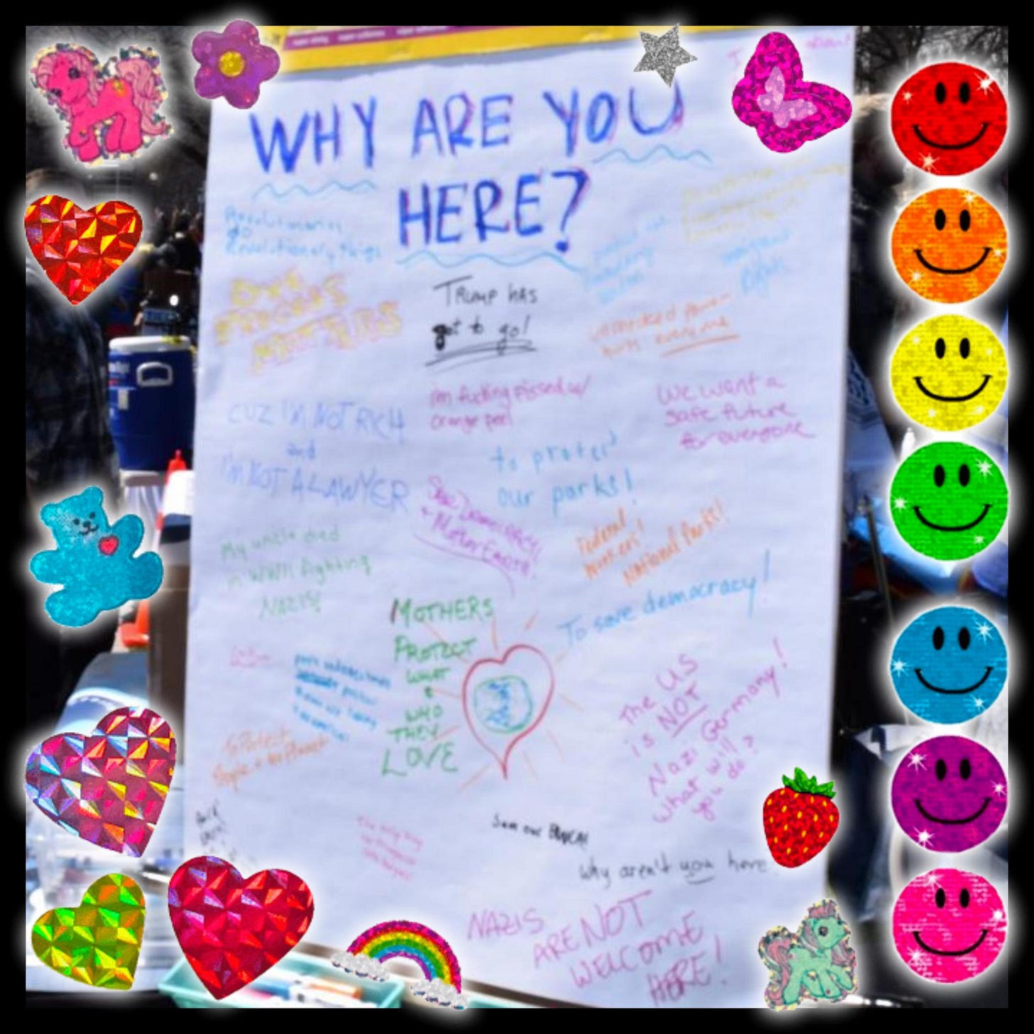 A large white sheet of paper with WHY ARE YOU HERE? on top and lots of various reasons signed: DUE PROCESS MATTERS, Trump has got to go! we want a safe future for everyone, I'm fucking pissed w/ orange peel, CUZ I'M NOT RICH AND I'M NOT A LAWYER, to protect our parks!, Save Democracy & Mother Earth, Federal Workers & National Parks! The US is NOT Nazi Germany! What will you do? MOTHERS PROTECT WHAT AND WHO THEY LOVE Why aren't you here? NAZIS ARE NOT WELCOME HERE!