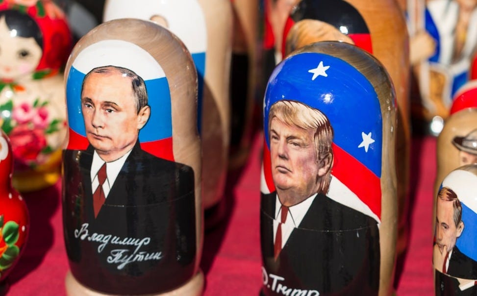 Donald Trump nesting dolls on red textile