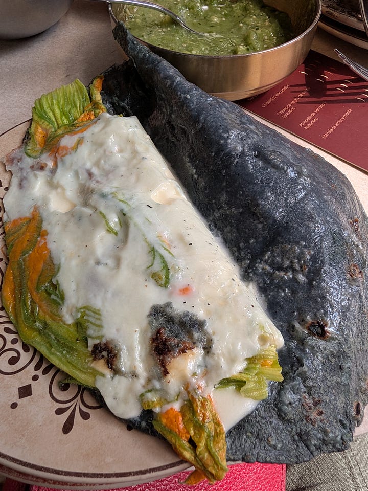Tacos, quesidilla, and tres leches cake at La Once Mil in Mexico City