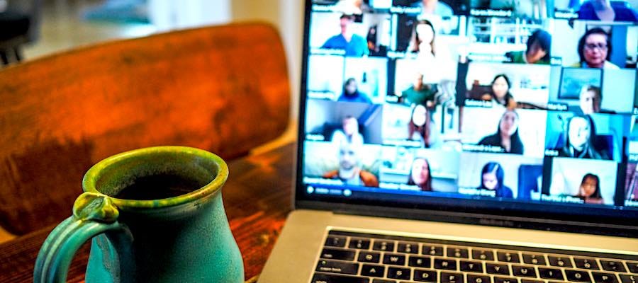 Laptop Zoom call with coffee Laptop Zoom call with coffee