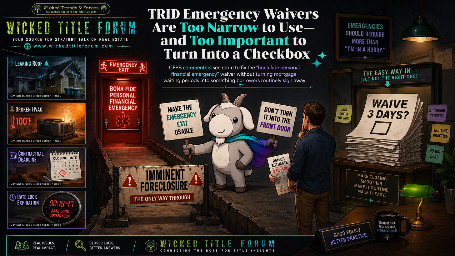CFPB comments reveal an unusual area of possible TRID compromise: emergency waiver rules. Title, escrow and PACE commenters want clearer examples and safe harbors, while consumer advocates warn against turning important waiting-period protections into routine opt-out paperwork
