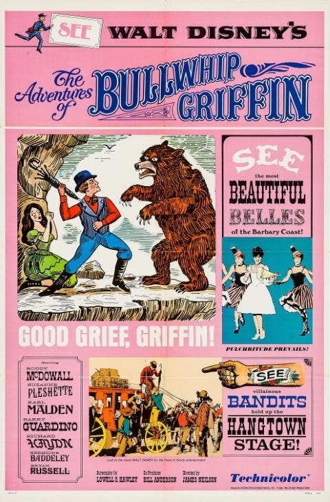 Original theatrical release poster for Walt Disney's The Adventures Of Bullwhip Griffin