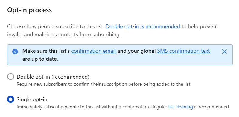 Chọn Single opt-in để new subscribers nhanh chóng nhận được email giảm giá Chọn Single opt-in để new subscribers nhanh chóng nhận được email giảm giá
