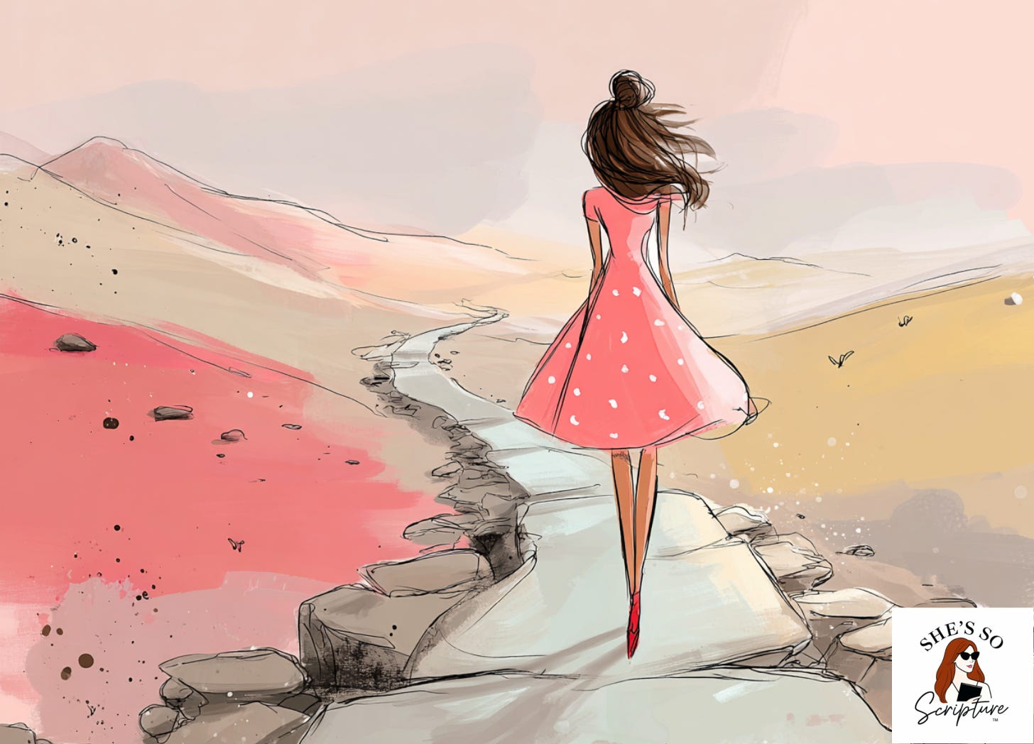 Illustrated woman in a long flowing dress walking an ancient winding road toward distant hills at golden hour, rendered in blush pink, cream, and gold watercolor tones with sketchy ink outlines.