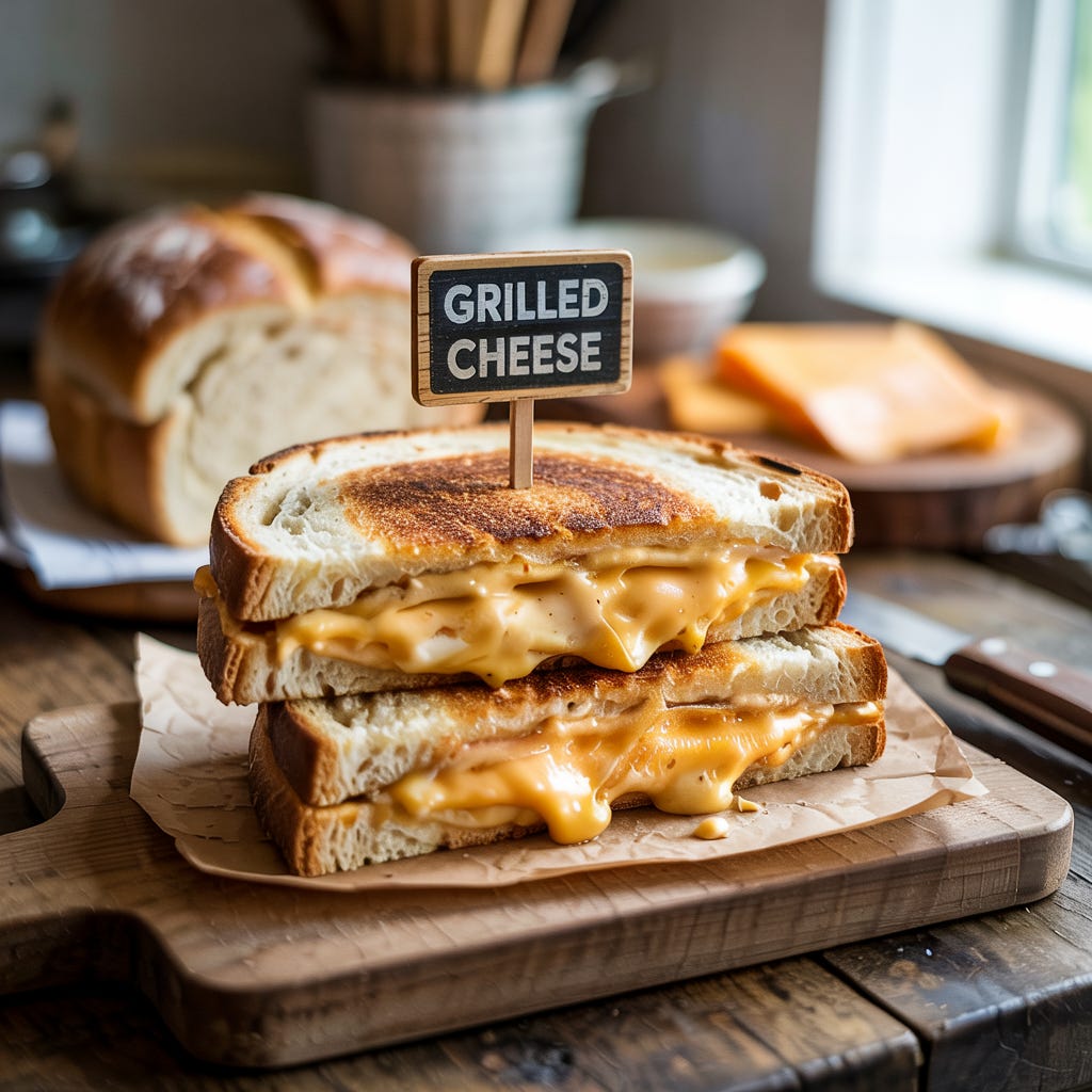 sliced grilled cheese sandwich on a wood cutting board