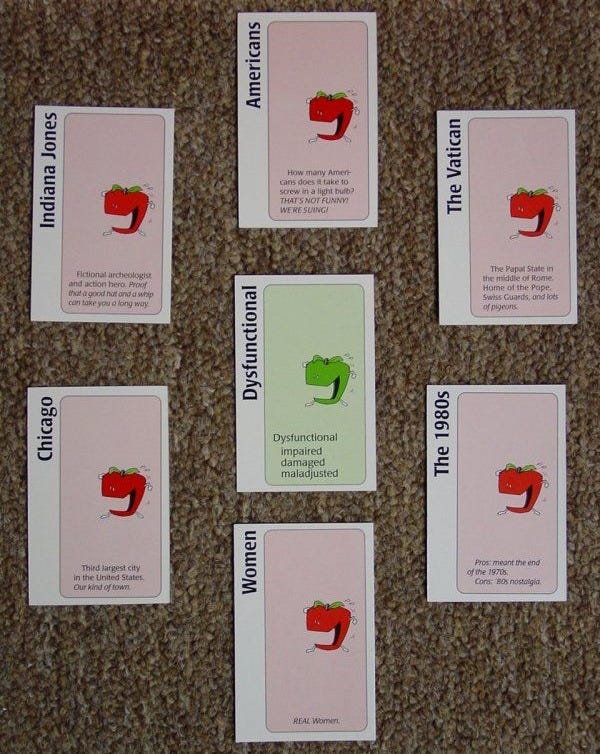 Apples to Apples Cards. The topic is "Dysfunctional" and the choices are "Women, Chicago, Indiana Jones, American, The Vatican and the 1980s"