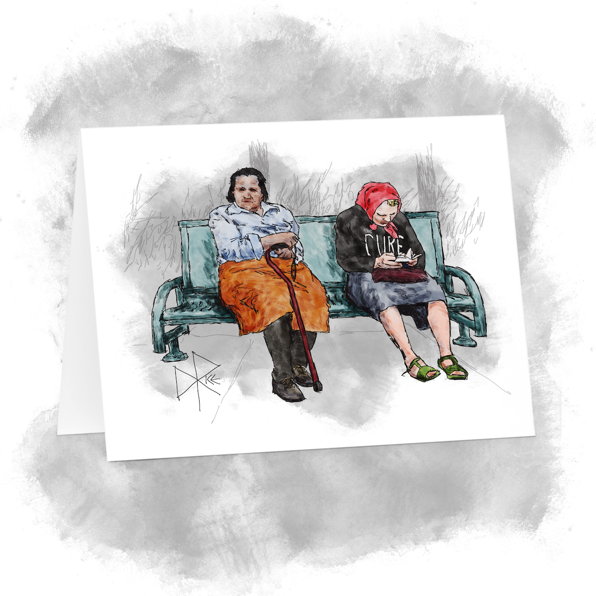 One lost in thought as the other reads a book, two women in skirts enjoy some late-summer afternoon sunshine on a park bench. Sketch art by Don Rice. One lost in thought as the other reads a book, two women in skirts enjoy some late-summer afternoon sunshine on a park bench. Sketch art by Don Rice.