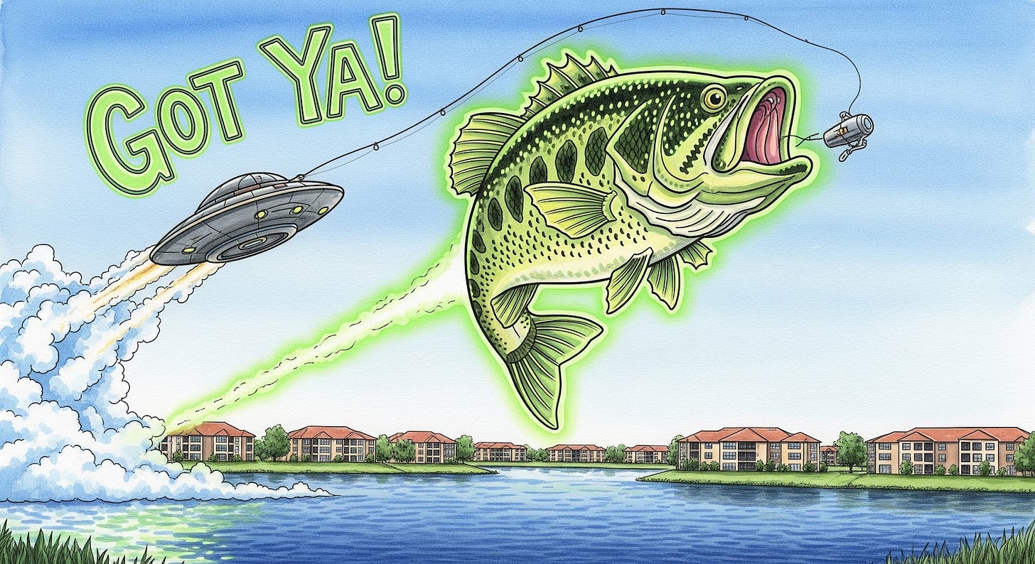 Cartoon image of large mouth bass flying through the air hooked to a space ship with the words "Got Ya!" in the sky Cartoon image of large mouth bass flying through the air hooked to a space ship with the words "Got Ya!" in the sky