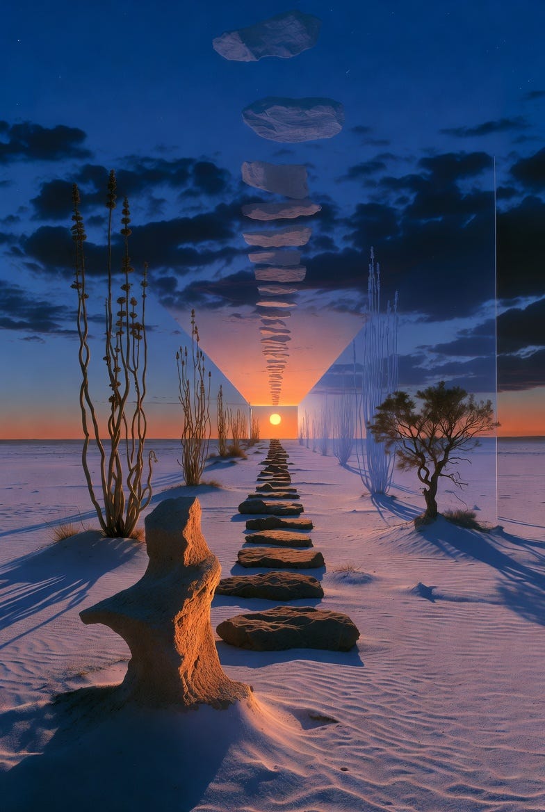 A surreal desert twilight scene with a central pathway, symbolic elements, and a dreamlike atmosphere.