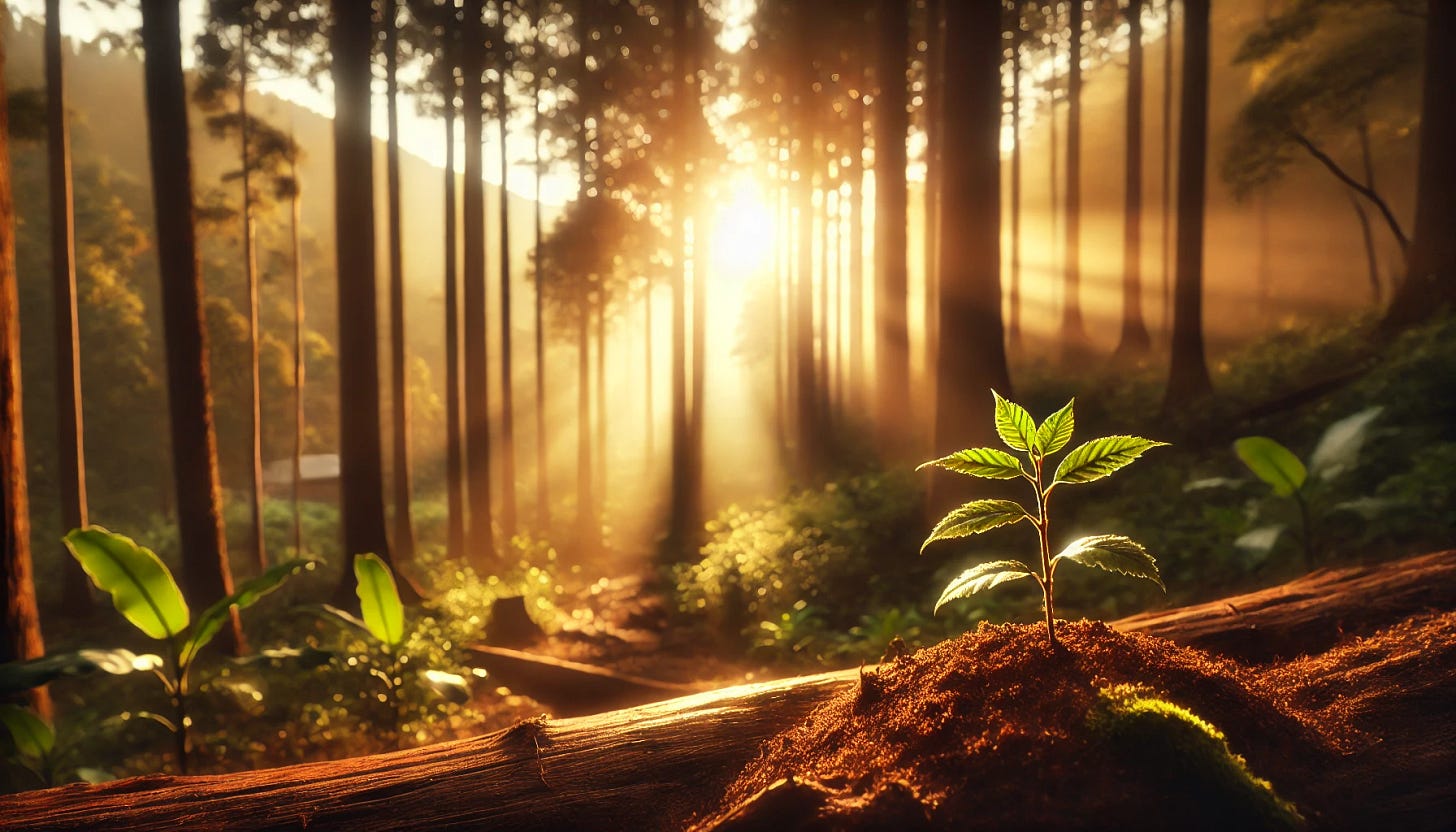 A serene forest scene at sunrise, with soft golden light filtering through tall trees. In the foreground, a small plant or sapling is growing from rich soil, symbolizing natural, effortless growth. The atmosphere is peaceful, evoking a sense of acceptance and harmony with the natural flow of life.
