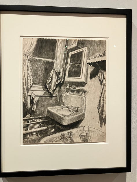 Three drawings showing a dress draped over a chair, a cramped bathroom, and rolling hills
