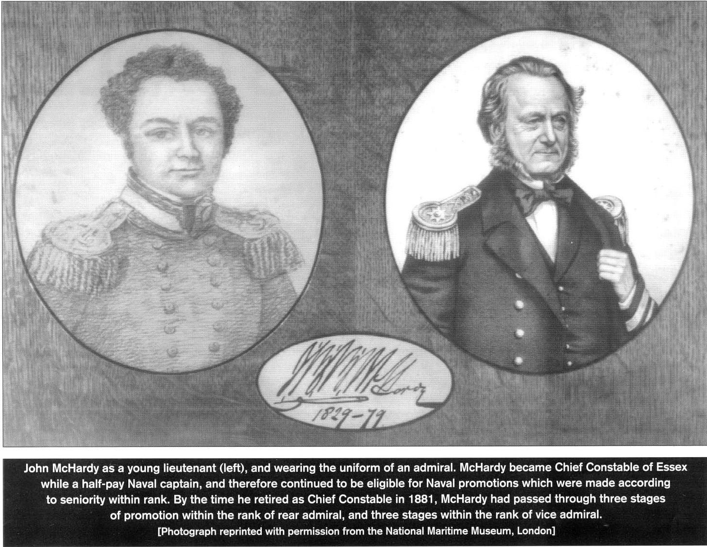 Two side by side cameo pictures of McHardy as a younger gentleman in naval uniform vs him older and in uniform of a higher rank.