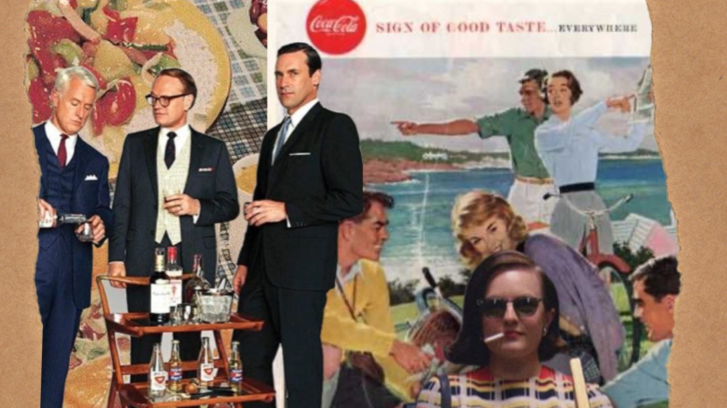 Collage of Mad Men characters Roger Sterling, Harry Crane, and Don Draper in suits with drinks beside a retro bar cart, layered against a vintage Coca-Cola ad featuring smiling people biking and lounging outdoors. Peggy Olson appears in the foreground wearing sunglasses and smoking, blending into the nostalgic cut-and-paste aesthetic with patterned backgrounds.
