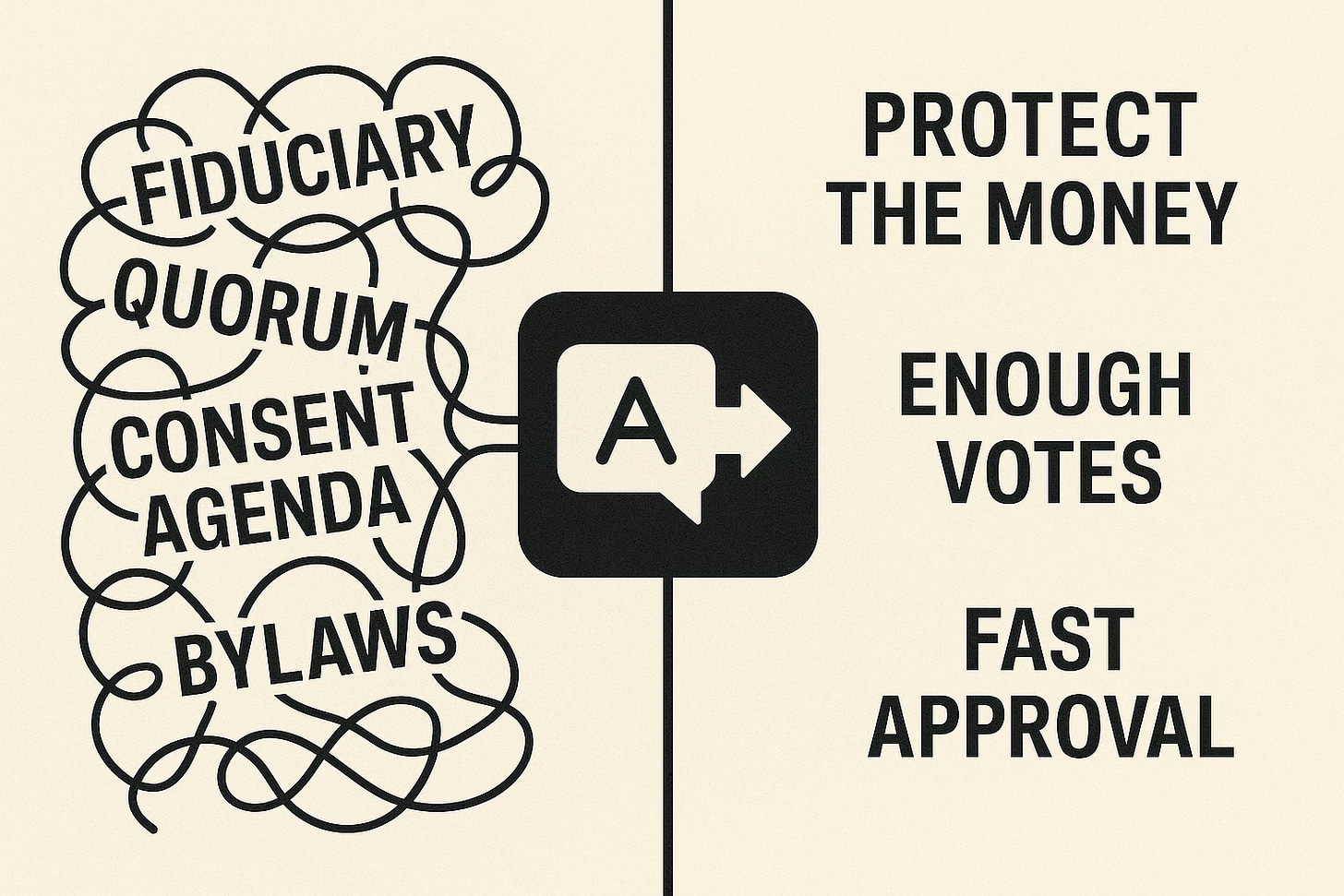 Illustration showing tangled board terms like “fiduciary,” “quorum,” and “bylaws” entering a central translator icon, then emerging as clear phrases like “protect the money,” “enough votes,” and “fast approval.”