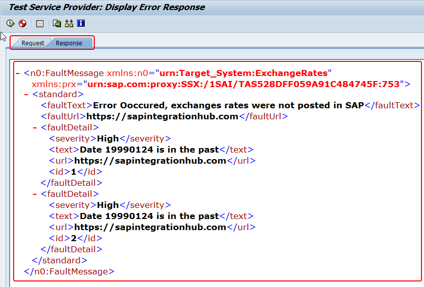 Response of the ABAP proxy with Fault messages shown as XML in SPROXY test tool