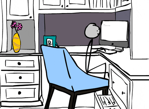 a gif of a stick person trying to type. They lay their head on the desk and their head rolls onto the ground. Their body is a pile of sticks.