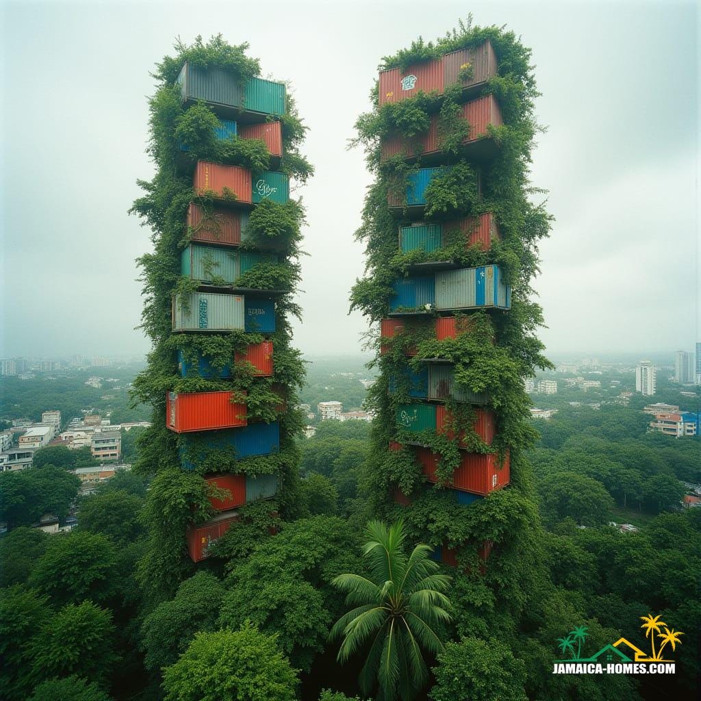 Vertical Jungle Towers: Biophilic skyscrapers where vines and tropical trees weave through stacked container homes