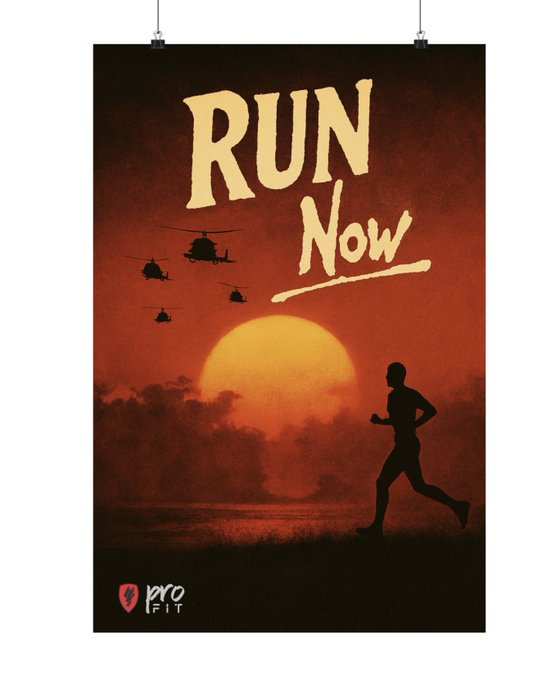 "Run Now" – Survival Starts with a Sprint Print by Pro-Fit

Channeling the raw intensity of a cinematic classic, Run Now captures the primal urgency of movement in a world on the edge. This bold, stylized graphic blends the chaos of the apocalypse with the discipline of fitness—turning every step into a rebellion against stillness. Perfect for runners, rebels, and anyone who knows that hesitation is the enemy.