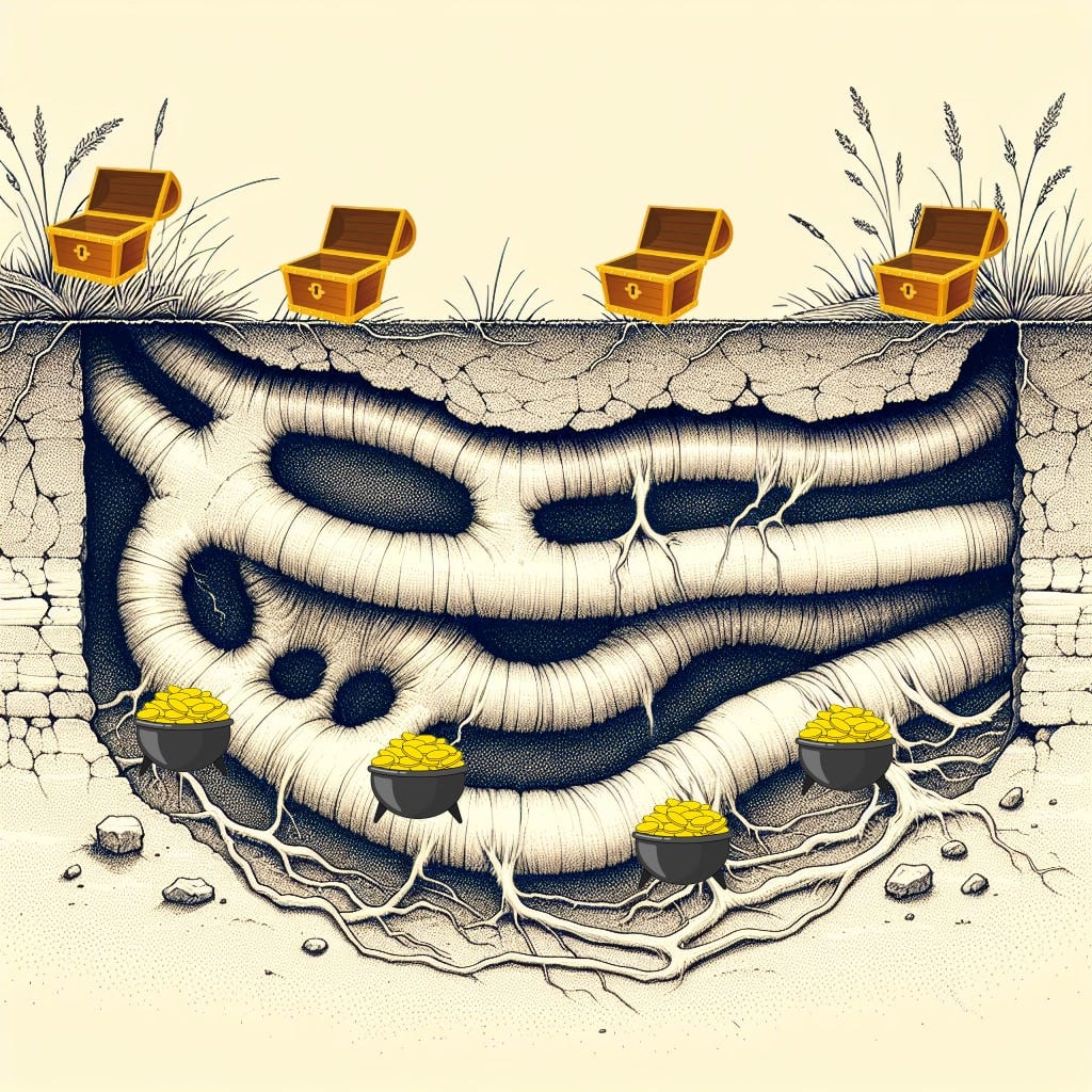 Prompt: create a simple hand-drawn cross-section sketch of a convoluted gopher tunnel, show a little of the surface and then underground (courtesy of DallE via typingmind)