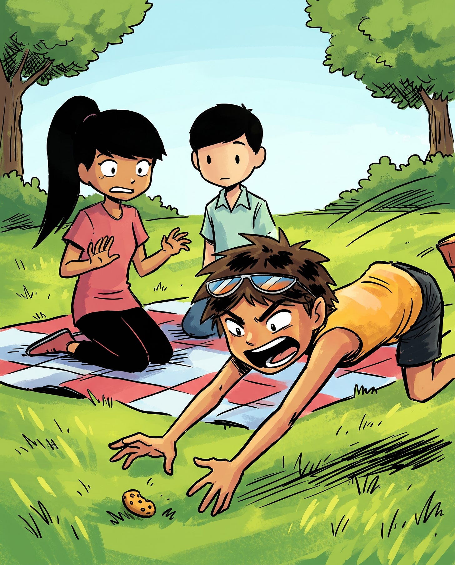 Veer lunges to rescue a fallen cookie during a picnic as Zara and Jay look on.