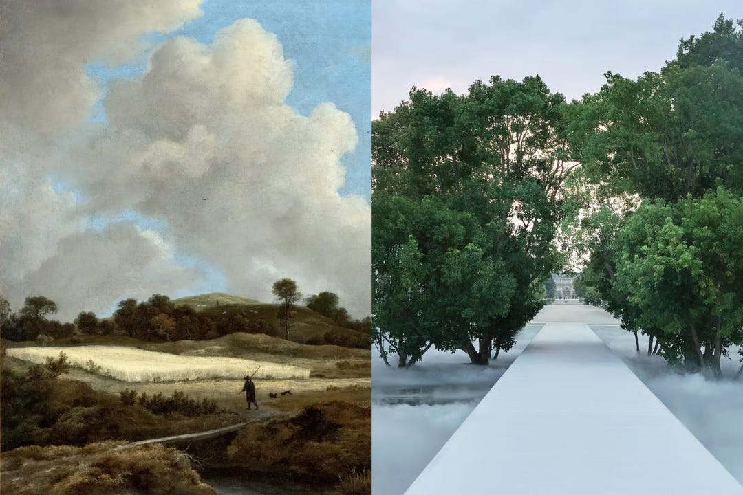 Left, Jacob van Ruisdael’s landscape of towering white clouds over dunes and a pale wheat field. Right, a white runway running between trees through low mist at Dior Summer 2027