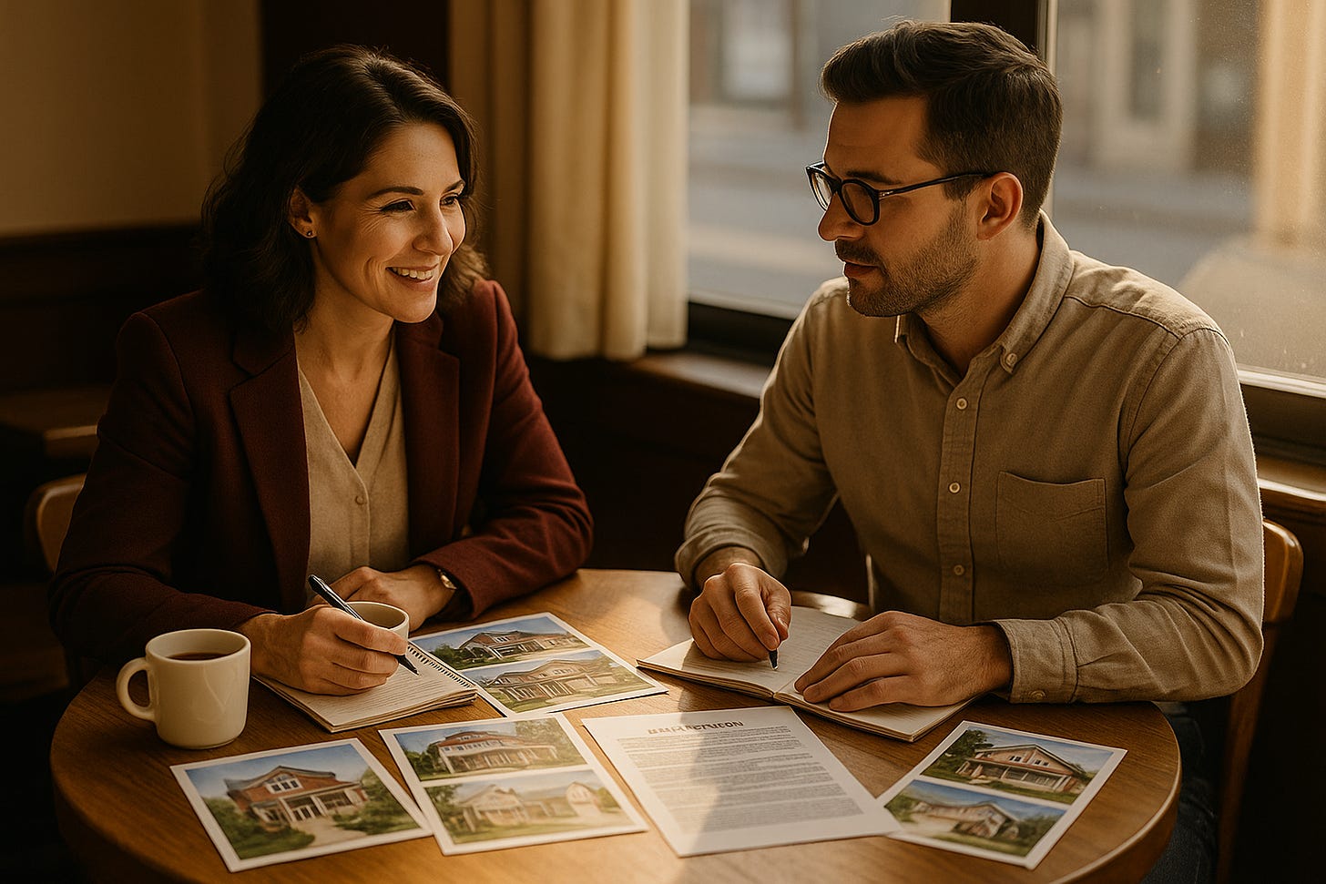A real estate agent and a journalist sit at a café table discussing property stories. Coffee cups, printed home photos, and press materials lie across the table, softly lit by warm morning sunlight through a nearby window.