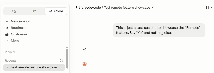 Claude Desktop session titled "Test remote feature showcase" with a test prompt and Claude's one-word reply, "Yo." Claude Desktop session titled "Test remote feature showcase" with a test prompt and Claude's one-word reply, "Yo."