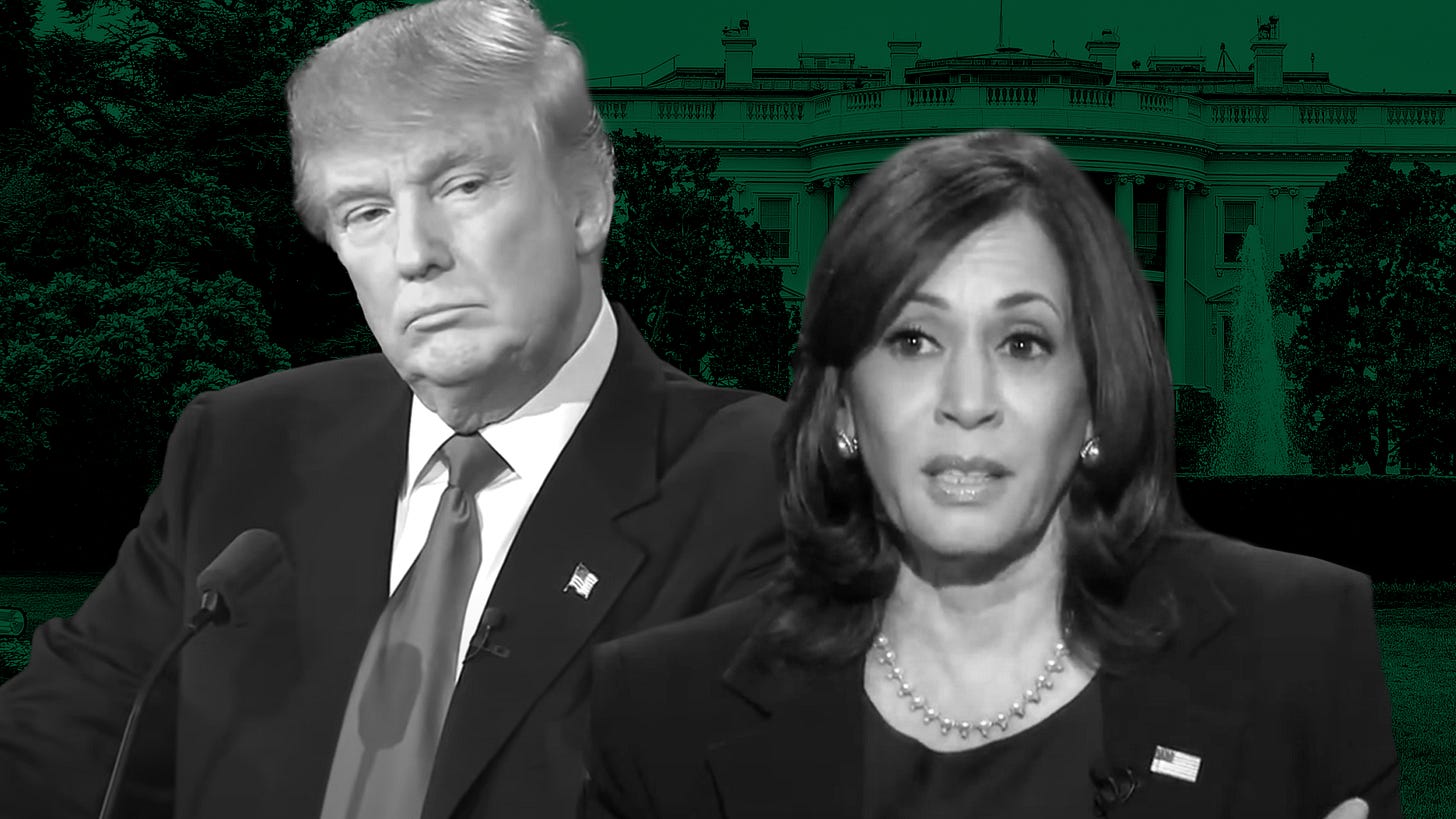 Former President Donald Trump and Vice President Kamala Harris in front of the White House
