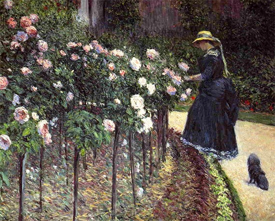 impressionist oil painting of roses in a garden by Caill;ebotte
