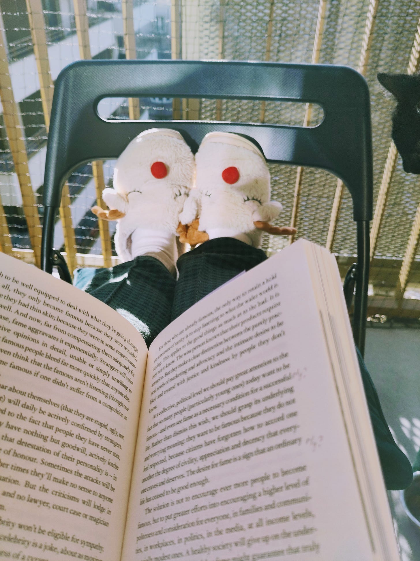 The picture shows the author reading on her balcony last Sunday, when it was very warm. There is a book in the foreground, a black chair where she props her legs up, and the fence of the balcony in the background,