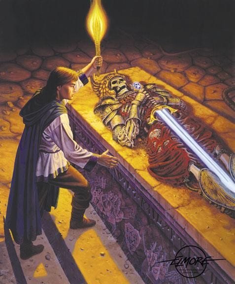 This may contain: a painting of a man lighting a candle on a table with skulls and other items