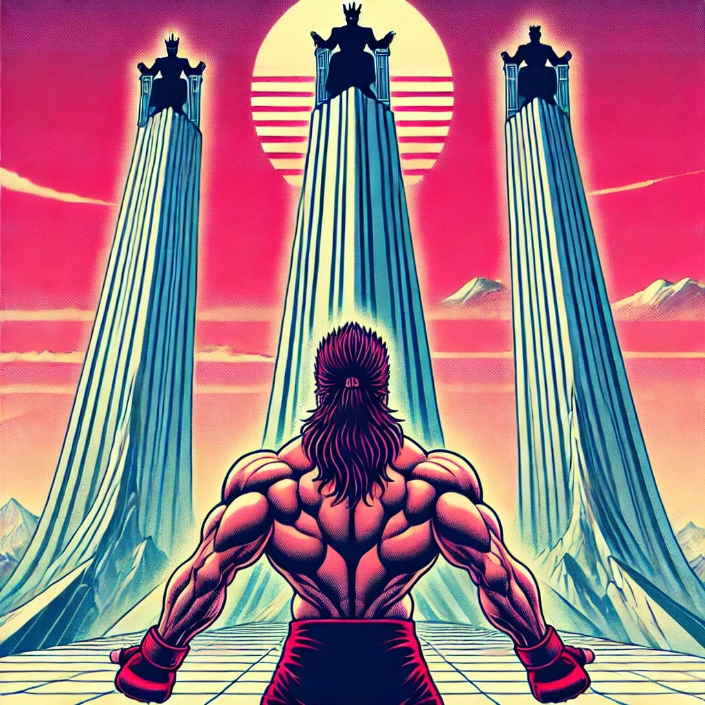 A vintage anime-style illustration in high detail, depicting a muscular MMA fighter with a mullet hairstyle and shaved sides, standing at the base of three exaggeratedly tall, thin spire-like mountains. The perspective is from the ground, looking upwards towards the peaks of the spires. At the top of each spire, a silhouette of a fighter is seated on a throne, each wearing a distinct crown on their head. The scene is set near sunset, with vibrant colors in an outrun style, featuring pink, magenta, crimson, light red, and deep blue hues, creating a dramatic and awe-inspiring atmosphere. A vintage anime-style illustration in high detail, depicting a muscular MMA fighter with a mullet hairstyle and shaved sides, standing at the base of three exaggeratedly tall, thin spire-like mountains. The perspective is from the ground, looking upwards towards the peaks of the spires. At the top of each spire, a silhouette of a fighter is seated on a throne, each wearing a distinct crown on their head. The scene is set near sunset, with vibrant colors in an outrun style, featuring pink, magenta, crimson, light red, and deep blue hues, creating a dramatic and awe-inspiring atmosphere.