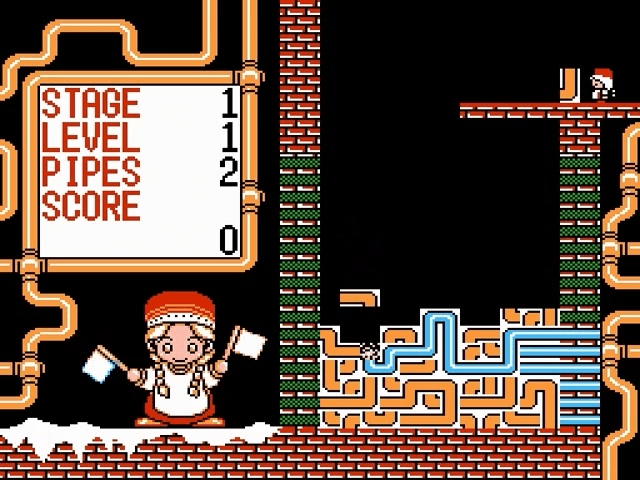 A screenshot of gameplay from the Famicom version of Pipeline Daisakusen, showing a few blocked attempts at creating a pipeline stretching from the right side of the play area to the left, with a nearly there potential pipeline missing one piece. The left side of the screen shows a young girl in Russian "national costume" waves  semaphore flags to "direct" the building of the pipeline underneath the stage and score information, while a smaller sprite on the right drops the pipe pieces down to the play area.