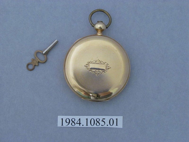 Picture of a pocketwatch. George Mansur was a jewler and repairing pocket watches would have been one of his jobs.