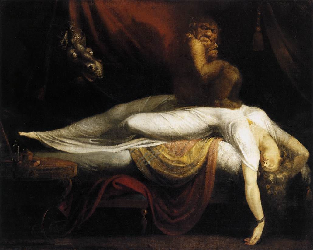 The Nightmare by Henry Fuseli, 1781: a sleeping woman with a small creature on her stomach and a horse's head in the curtains