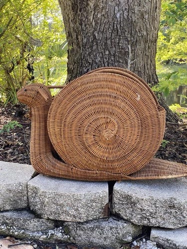 Vintage Wicker Snail Basket Planter Magazine Rack Natural Woven Mid Century - Picture 1 of 14