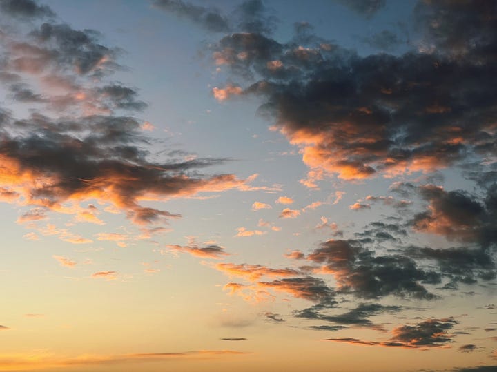 The first image is of the ocean, close on the white-turquoise wake of a ship. The second image is of clouds at sunset, bathed orange and charcoal against a sky going from yellow to blue.