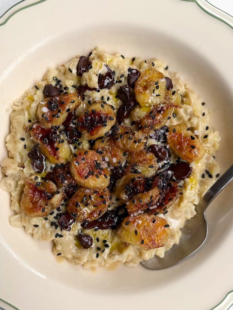 Tahini Custard Oats with Caramelized Banana and Salty Chocolate 