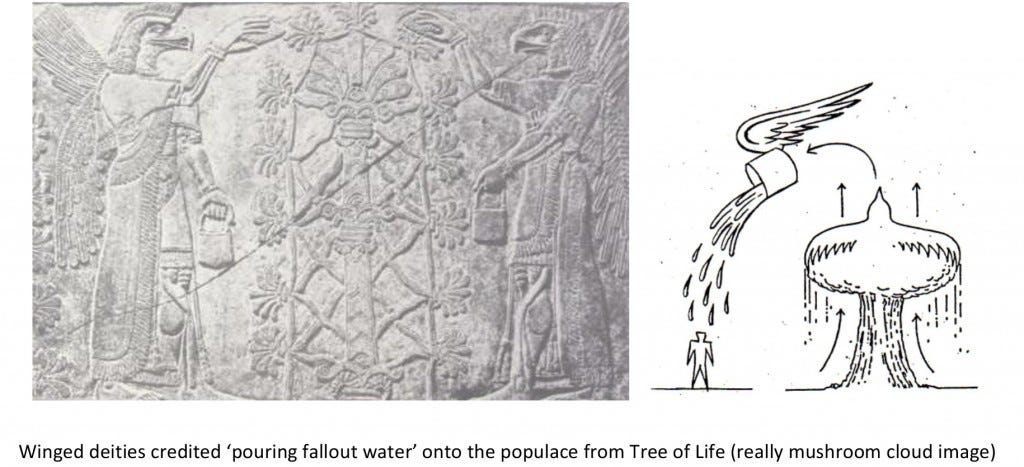 Winged deities "pouring fallout water" onto the populace from Tree of Life