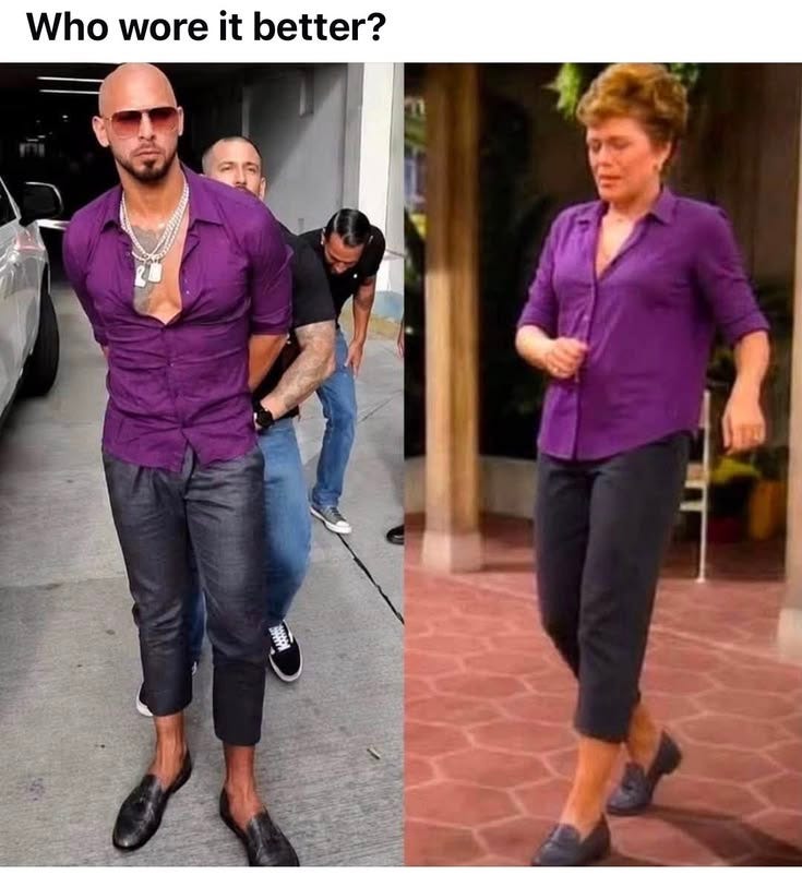 This may contain: a man in purple shirt and black pants walking next to a woman with sunglasses on
