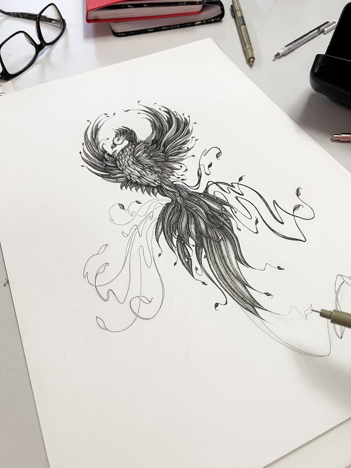 Phoenix illustration pen and ink drawing work in progress by Georgie St Clair