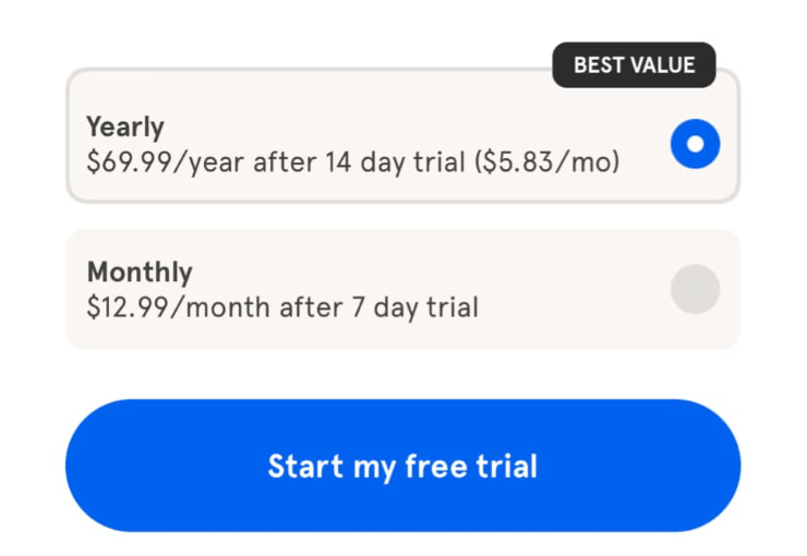 Headspace subscription screen showing Yearly and Monthly plans with trials