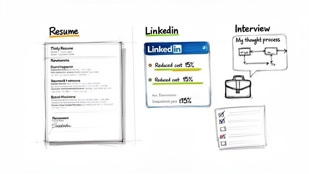 A whiteboard sketch illustrating career development with resume, LinkedIn profile, and interview preparation components. A whiteboard sketch illustrating career development with resume, LinkedIn profile, and interview preparation components.