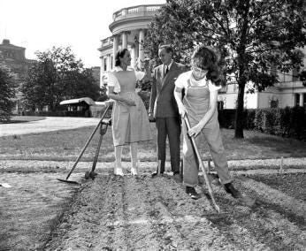 Diana Hopkins hoes her victory garden at the White House as her parents look on. (Source: AP) Diana Hopkins hoes her victory garden at the White House as her parents look on. (Source: AP)