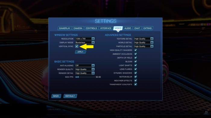 The settings menu of Rocket League. An arrow points to a checkbox labeled “Vertical Sync”, which is almost hidden among all of the other video options. The settings menu of Rocket League. An arrow points to a checkbox labeled “Vertical Sync”, which is almost hidden among all of the other video options.